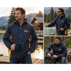 U.S. Navy Men's Large Hooded Windbreaker Jacket Navy Gold Embroidered Lined